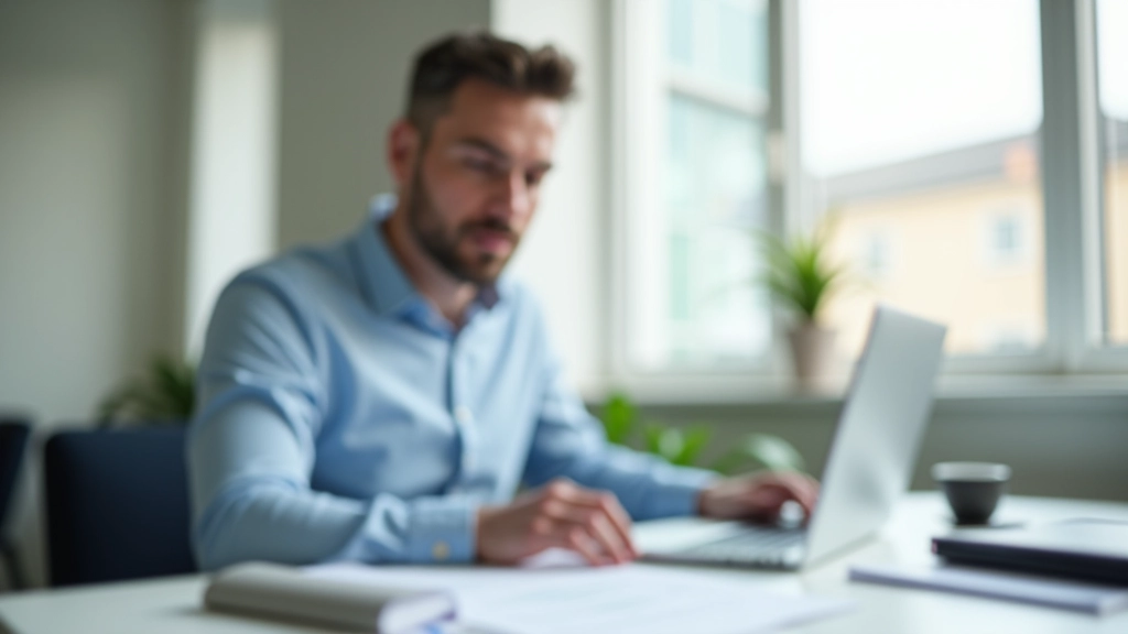 Muž v obchodním oblečení pracuje na notebooku s tabulkami a finančními daty