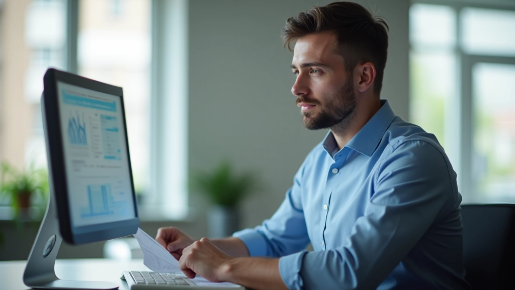 Muž v kanceláři se podívá na finanční zprávu na monitoru