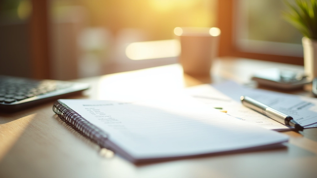 Notebook se zápisy o penězích, tužka a kalkulačka na stole