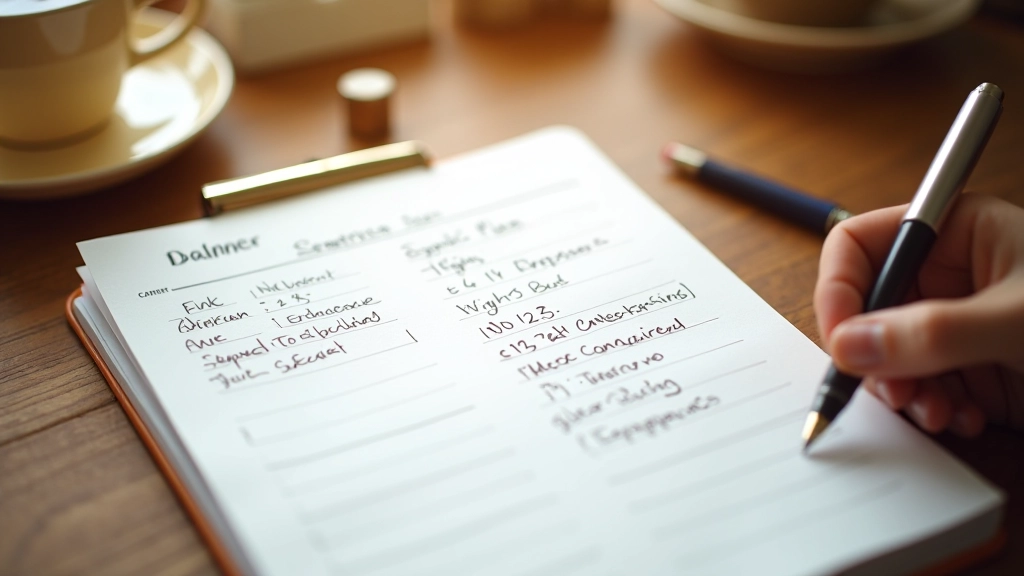 Ruční zápisník s plánováním, tužka a šálek čaje na stole