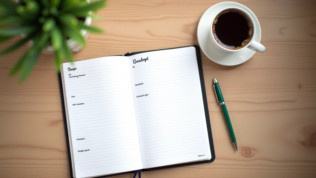 Osobní notebook s tužkou a poznámkami o rozpočtu a finančním plánu na stole s xící kávy