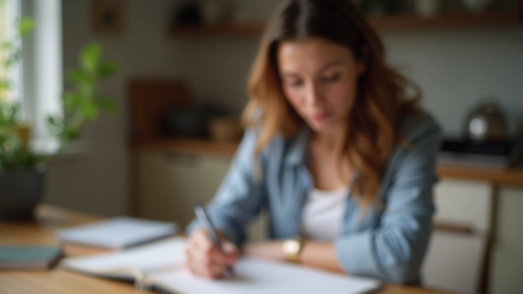 Žena si dělá poznámky v notebooku, počítá své měsíční výdaje na papíru.